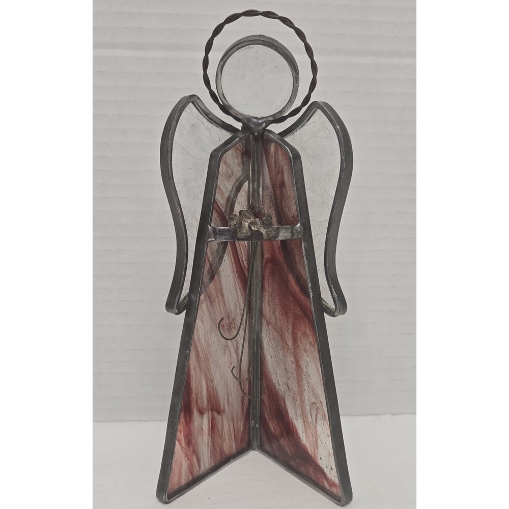Vintage Stained Glass Angel 3D Free Stand Figurine - Red & White Slag Glass 7.5"